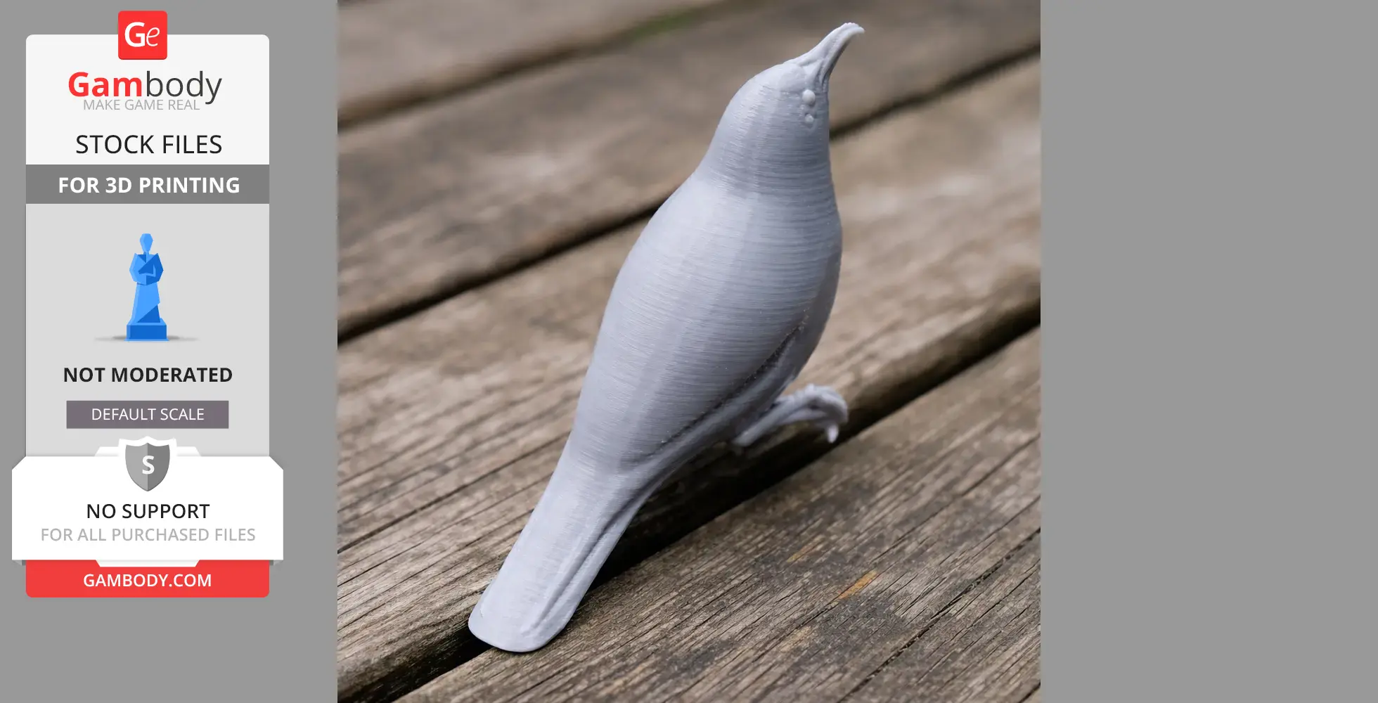3D printed model of a bird with fine details, perched on a wooden surface.
