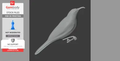 A 3D model of a bird with a long beak perched on a small branch, designed for 3D printing.