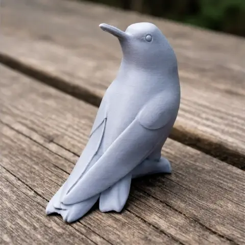 3D printed model of a stylized bird with smooth features, perched on a wooden surface.