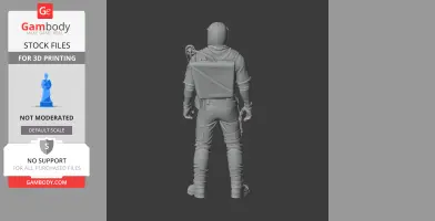 A 3D model of a character facing away, equipped with a compound bow and backpack, ready for printing.