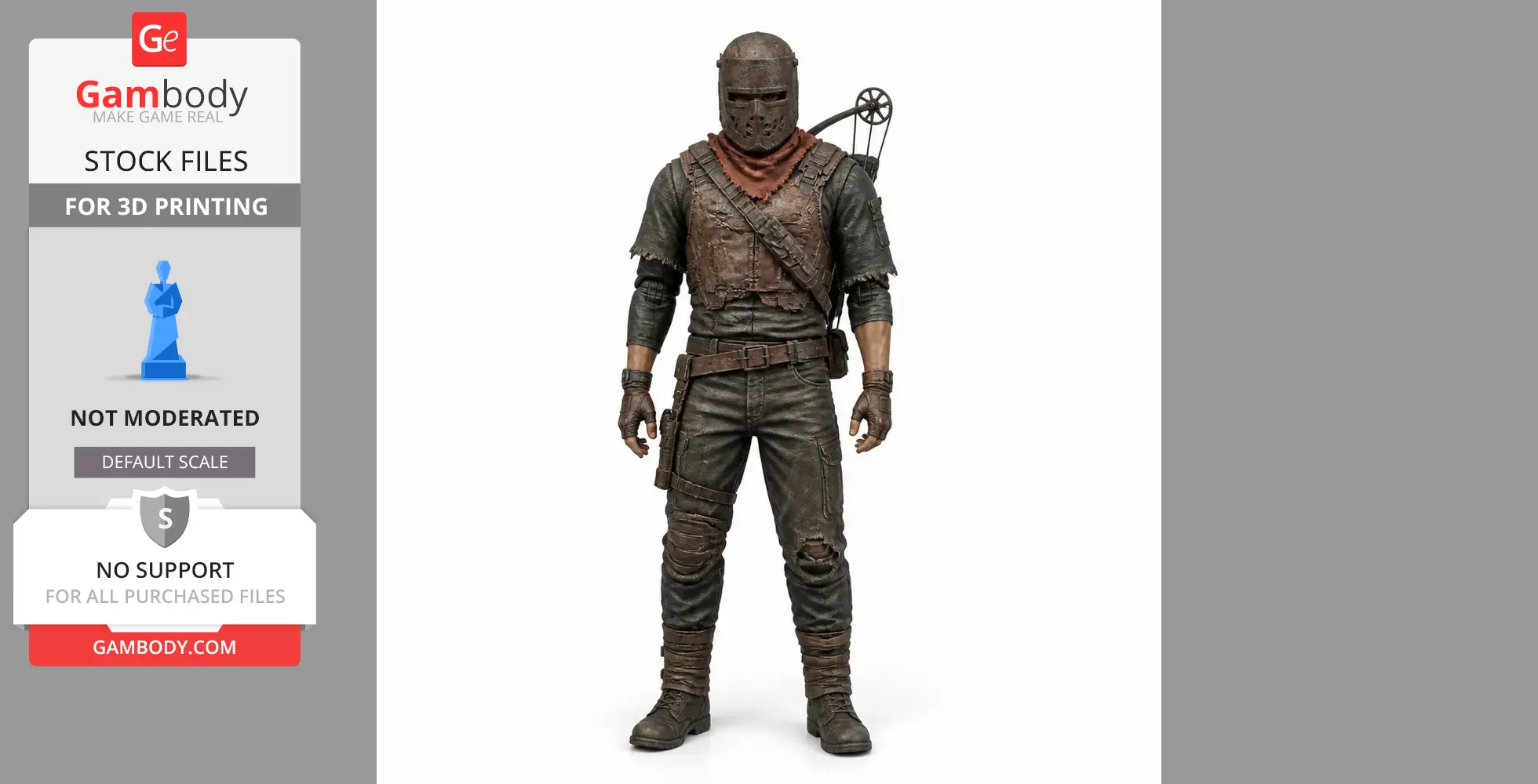 A rugged character figurine wearing armor and a helmet, holding a compound bow on the back, ready for 3D printing.