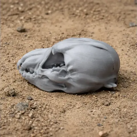 A detailed 3D-printed skull model resting on sandy ground.