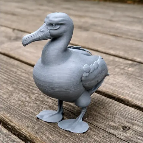 Gray 3D-printed model of an Amsterdam albatross with detailed feathers and webbed feet.