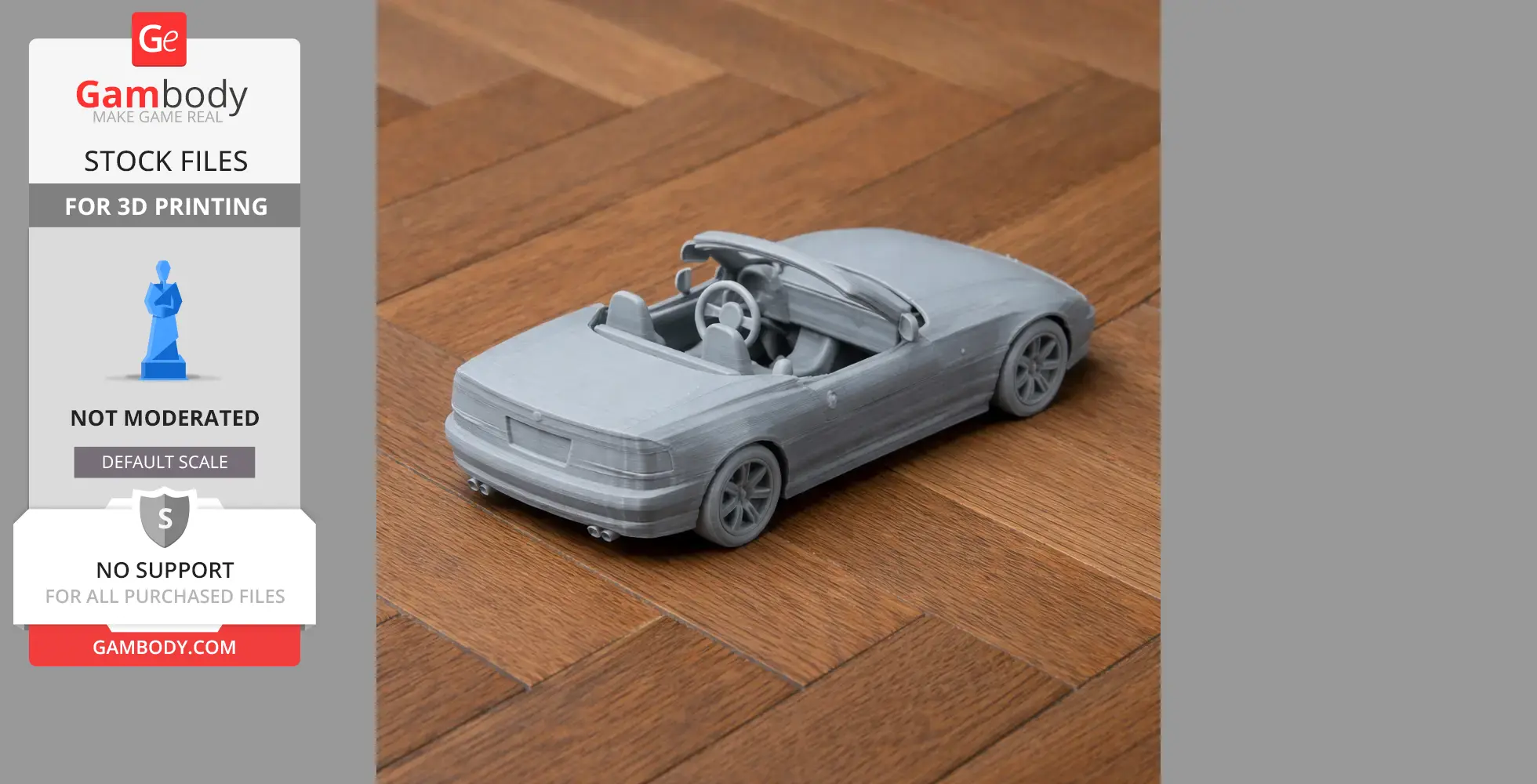3D-printed BMW Z1 model on wooden surface, showcasing convertible design with detailed interior and wheels.