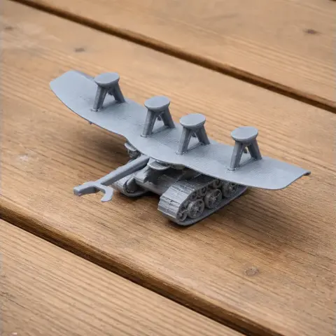 3D printed model of the Antonov A-40, featuring tank tracks and a large wing on a wooden surface.