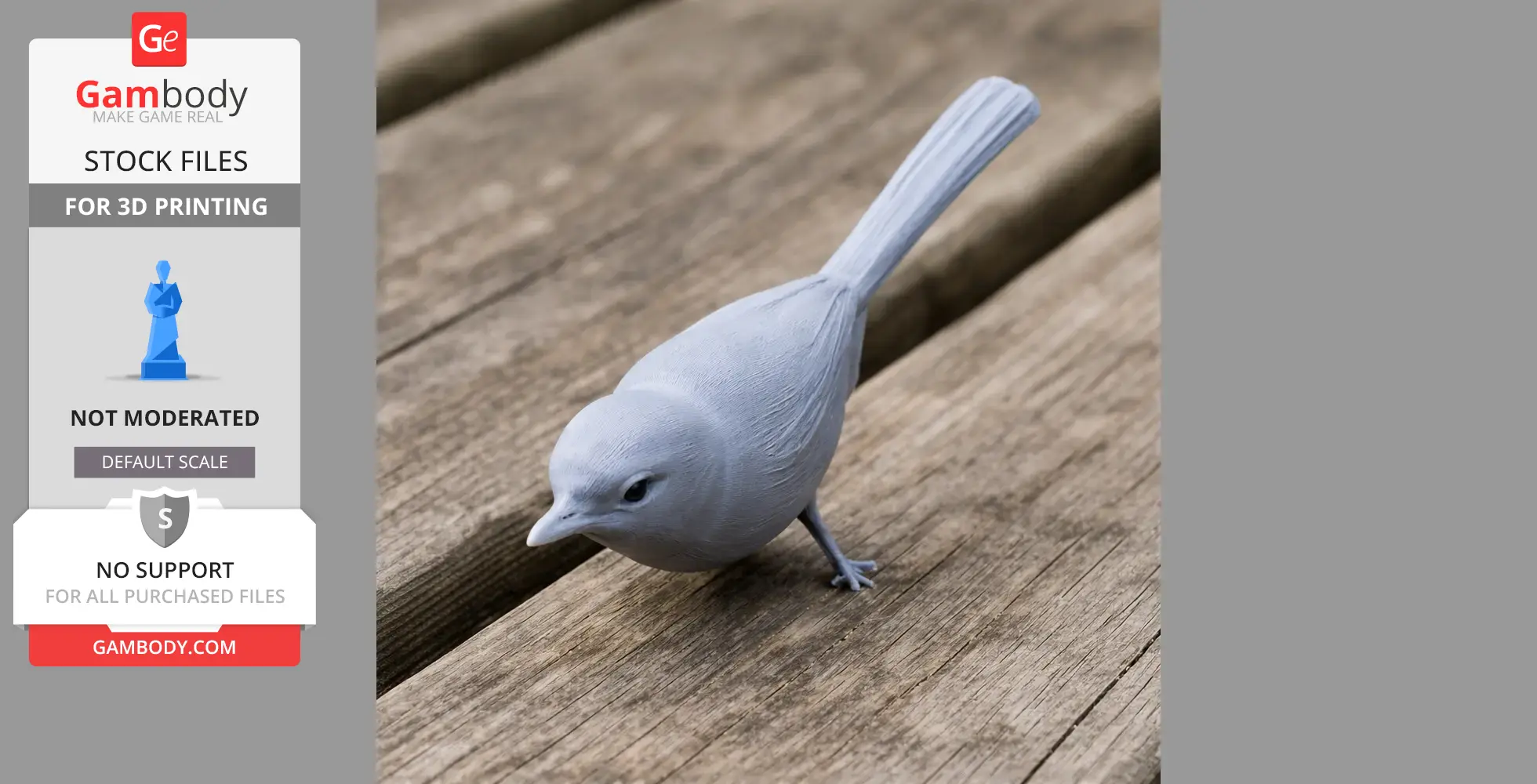 Gray 3D-printed model of a small bird with detailed feathers on a wooden surface.