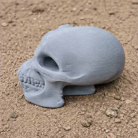 Gray Australodocus skull replica 3D print resting on sandy ground.