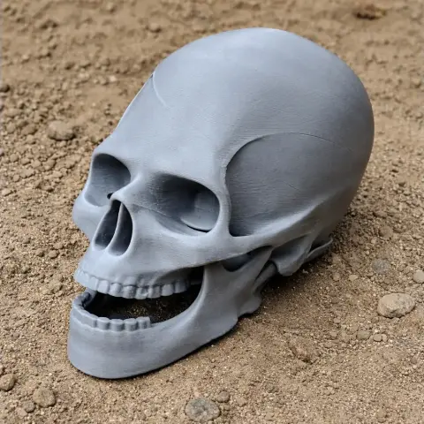A detailed, gray Avalonianus skull replica resting on a textured, sandy surface.
