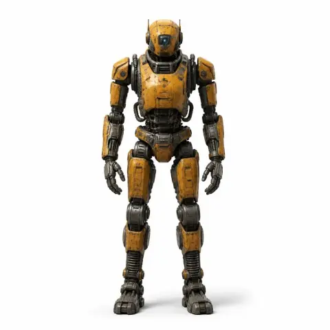 A detailed yellow and gray construction robot with mechanical joints and a humanoid design.