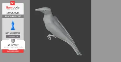 A 3D model of a bird, perched and detailed, designed for 3D printing.