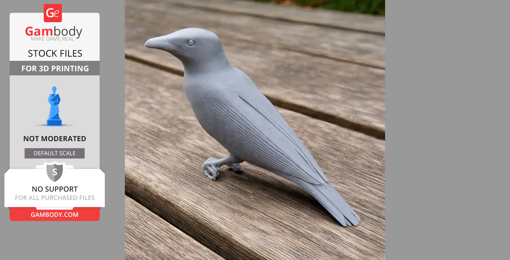 A gray 3D-printed bird model is displayed on a wooden surface.