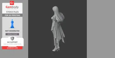 A 3D model of a detailed female figure with long hair and a flowing outfit, standing in profile.