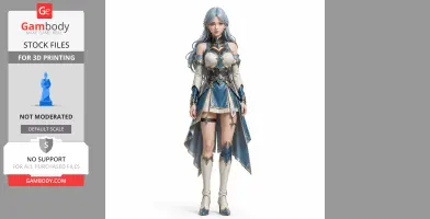 Elegant fantasy female character in blue and white armor, with long hair and intricate detailing.