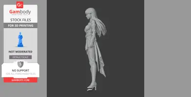 A detailed 3D model of a female character in armor with flowing hair, designed for 3D printing.