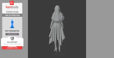 A 3D model of a long-haired character in a draped dress and heels, viewed from the back.