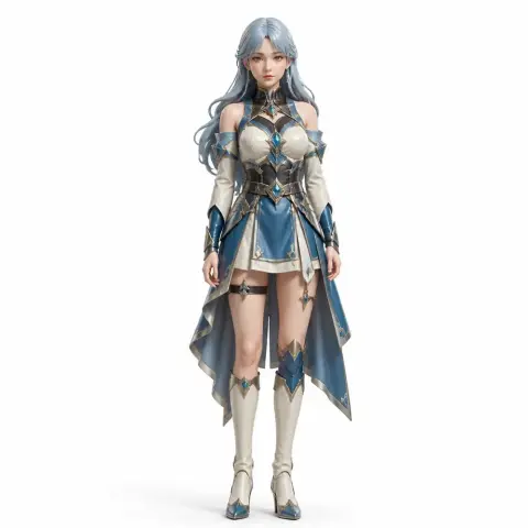 A 3D model of a female character in a detailed blue and silver outfit with long, flowing hair.