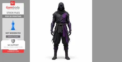 Hooded ninja figure with glowing eyes, wearing tattered black and purple outfit, ready for 3D printing.
