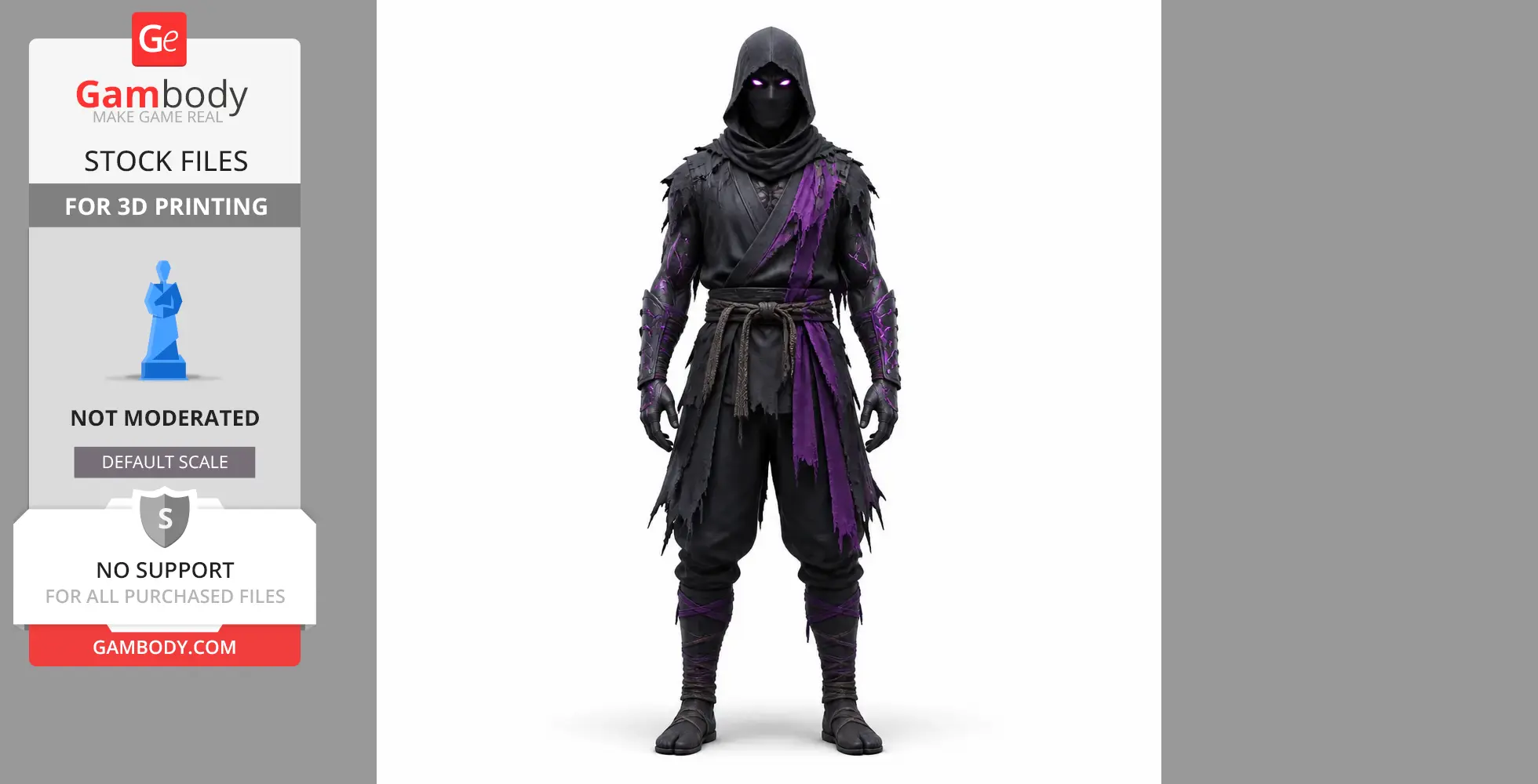 Hooded ninja figure with glowing eyes, wearing tattered black and purple outfit, ready for 3D printing.