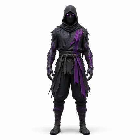 Futuristic ninja figure with hood, tattered outfit, purple accents, and glowing eyes. Ready for 3D printing.