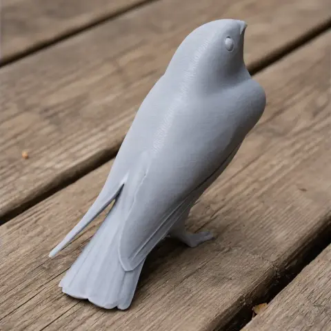 A 3D printed model of a bird with smooth, defined contours, standing on a wooden surface.