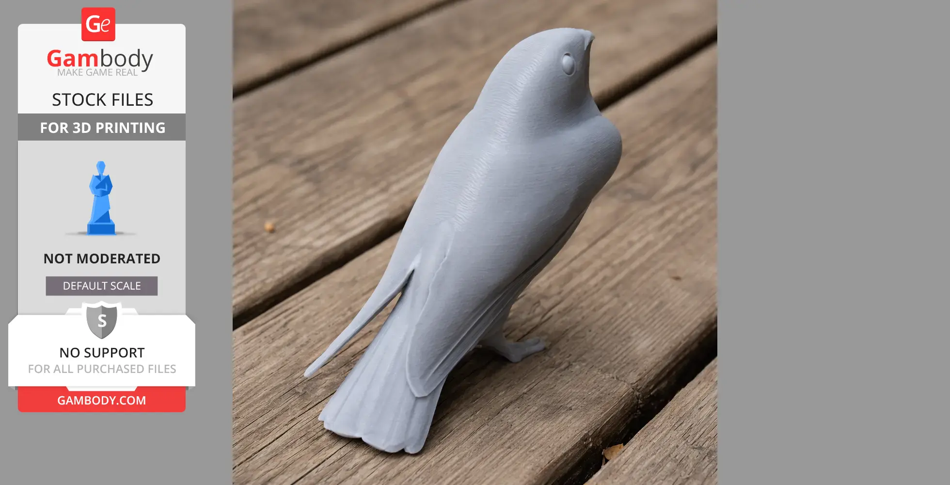 Gray 3D-printed bird model on wooden surface, resembling an andaman nightjar in a standing pose.