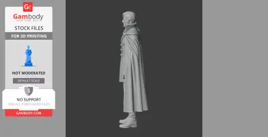 A side view of a 3D character model with a cape and high collar, suitable for 3D printing.