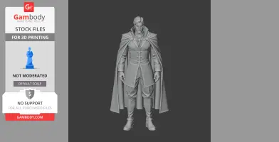 A stylized 3D model of a vampire character in elegant attire with a cape and high boots.