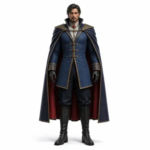 Regal character in a blue coat with gold details, red interior lining, formal attire, and a confident stance.