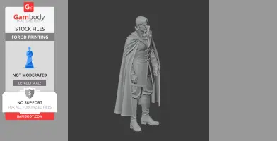 A detailed 3D model of a character with a long cloak, boots, and buttoned outfit, in a standing pose.