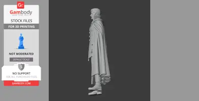 A side view of a 3D character model with a long cape, standing upright, designed for 3D printing.