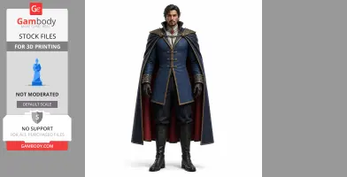Character in detailed blue coat and cape, standing confidently. Designed for 3D printing.