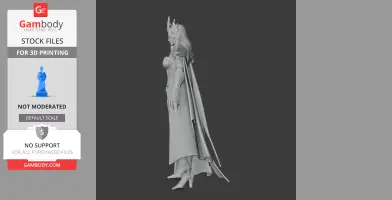 A detailed 3D model of an armored female warrior with a cape and headpiece, posed for 3D printing.