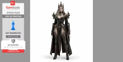 Armored female warrior with a crown, intricate armor, and flowing cloak for 3D printing.