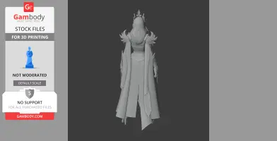 A detailed 3D model of an armored figure with a flowing robe and crown, viewed from the back.