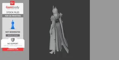 A detailed 3D model of a character with armor and flowing cape, designed for 3D printing.