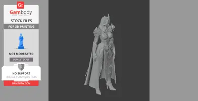 A detailed 3D figure of an armored female warrior with a flowing cape and ornate helmet.