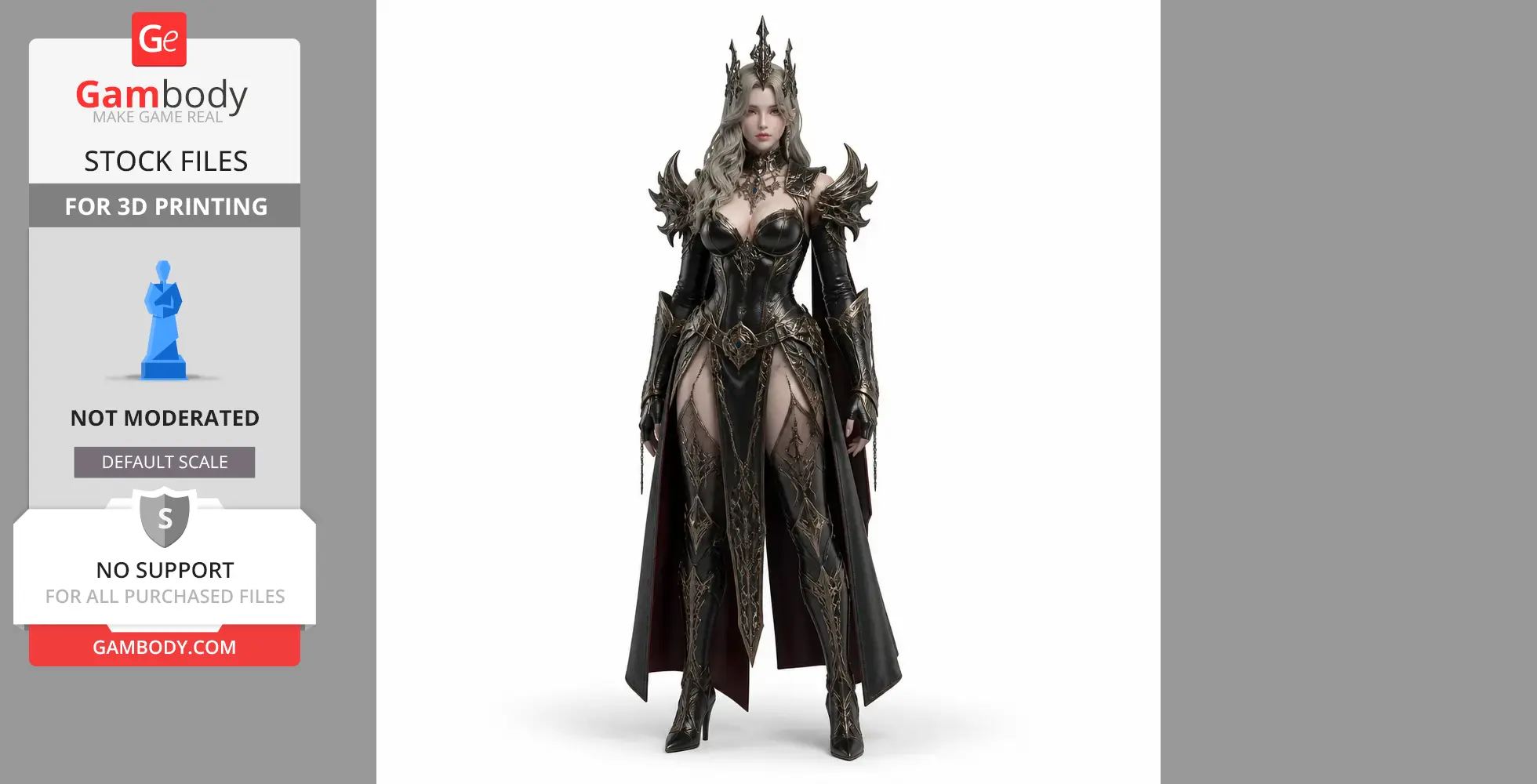 Armored female warrior with a crown, intricate armor, and flowing cloak for 3D printing.
