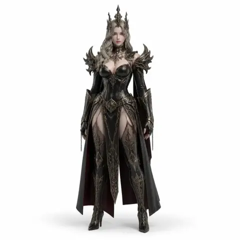 Regal female warrior in ornate armor with crown and long cape, standing confidently.