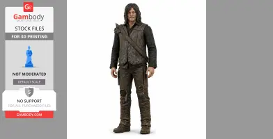 A detailed 3D model of a rugged character in casual post-apocalyptic attire for printing.