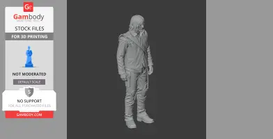 A detailed 3D model of a standing man with shoulder-length hair and a crossbody strap.