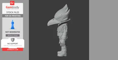 3D model of a bird-like character with a beak mask and spiked hair, wearing a jacket and boots.