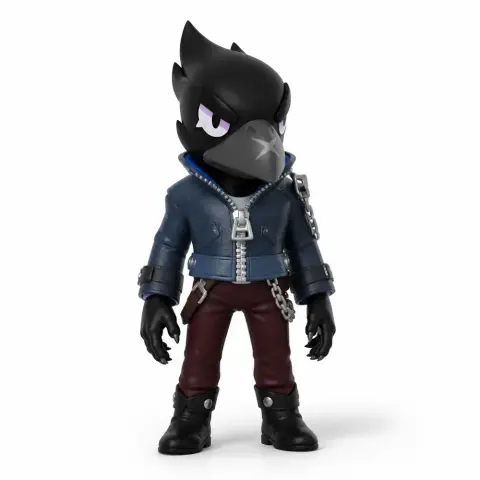 Dark-feathered crow character in a stylish jacket and pants stands posing for 3D printing.