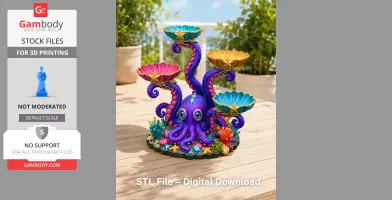 Colorful octopus-shaped organizer with bowls on its tentacles, set outdoors on a wooden surface.