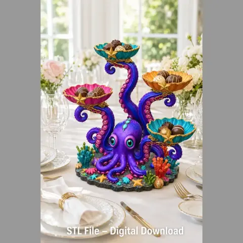 Colorful octopus organizer with tentacles holding trays, displayed on an elegant table setting.