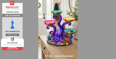A vibrant purple octopus organizer with colorful shell trays atop its tentacles.