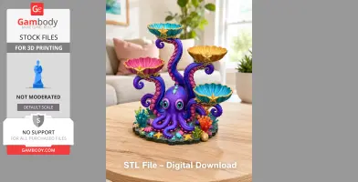 Colorful octopus-shaped organizer with shell-like trays on its tentacles, surrounded by coral.