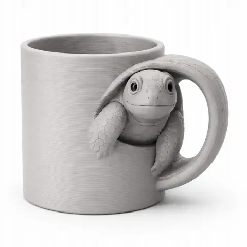 A mug with a turtle design, where the turtle's head and legs wrap around the handle.