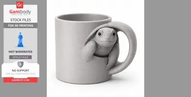 A 3D-printed mug with a turtle design, featuring the turtle's head and legs emerging from the handle.