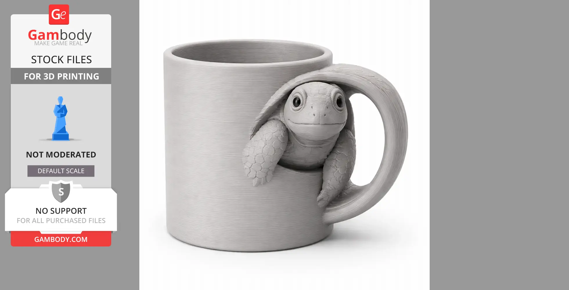 A 3D-printed mug with a turtle design, featuring the turtle's head and legs emerging from the handle.