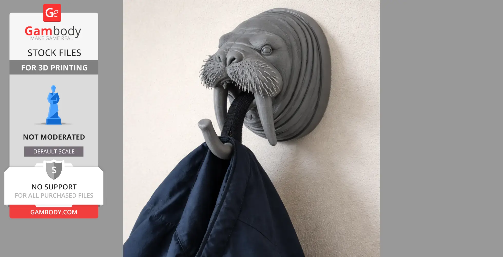 Walrus HEAD WALL HANGER COAT AND KEY - Animal Wall Hook STL